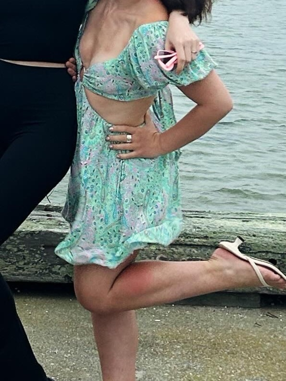 Mint Paisley Cutout Mini Dress with Puff Sleeves & Tie Back